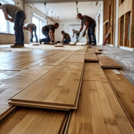 Ομάδα εργατών τοποθετεί ξύλινο πάτωμα